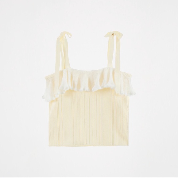 Zara NWT Ruffled Tie Cropped Top Small Ecru White - Picture 3 of 9